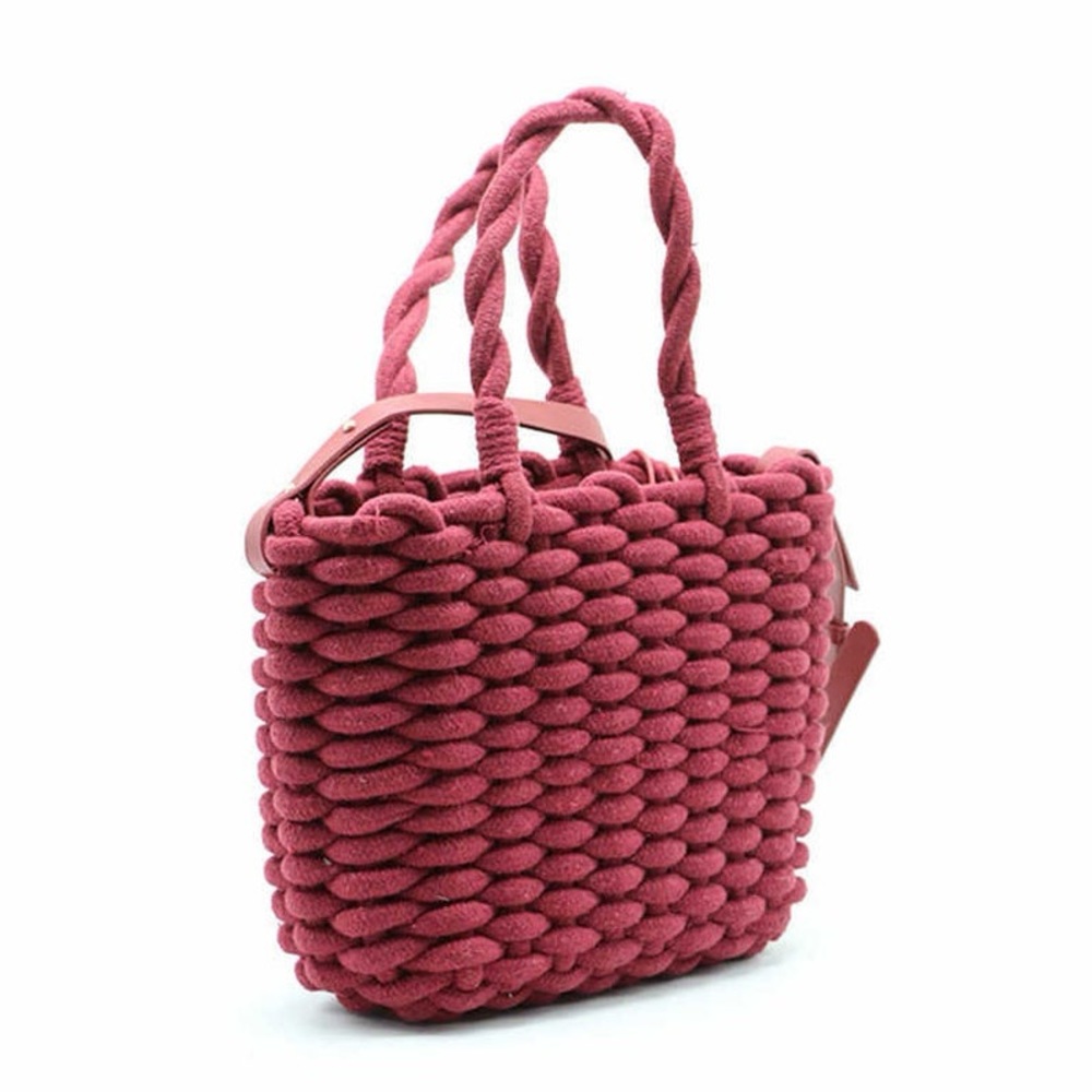 Zara Cotton Rope Straw Bag Women Fashion Woven Handbag Solid Color Maroon